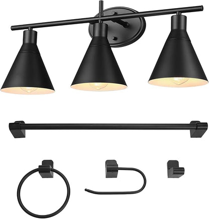 Globe Electric 52060 Tristan 5-Piece All-In-One Bathroom Set, Matte Black, 3-Light Vanity Light, Towel Bar, Toilet Paper Holder, Towel Ring, Robe Hook