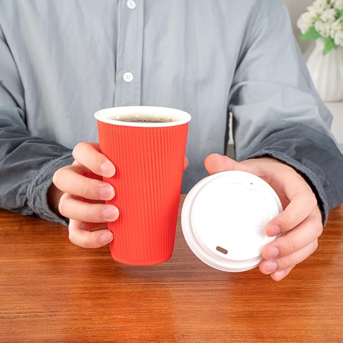 Restaurantware 16 Ounce Ripple Wall Disposable Coffee Cups, 500 Insulated Red Paper Tumblers with Rolled Rim Design, Lids Sold Separately for Hot Drinks like Tea, Hot Chocolate, and More