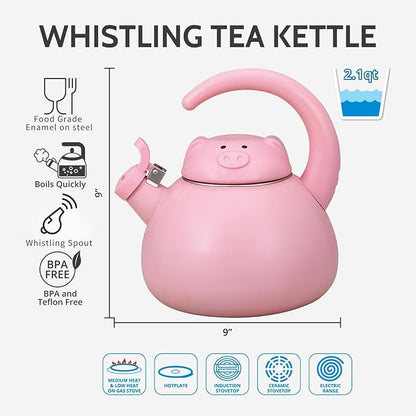 Whistling Tea Kettle for Stove Top Enamel on Steel Teakettle, Supreme Housewares Pink Pig Design Teapot Water Kettle Cute Kitchen Accessories Teteras (2.1 Quart, Pink Pig)