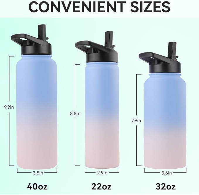 DOMICARE Insulated Water Bottle, 22 oz Vacuum Insulated Stainless Steel Reusable Sports Bottle with Straw Lid & Spout Lid for Travel, Camping, Bike, Leakproof, Blue/Pink, 1 Pack