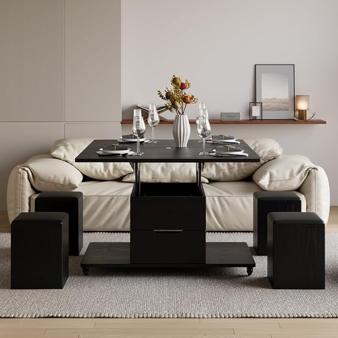 homary Black Lift-Top Coffee Table with Hidden Storage, 3-in-1 Modern Folding Center Table with 4 Stools, Casters, and Lockable Wheels – Convertible Dining & Office Table for Living Room