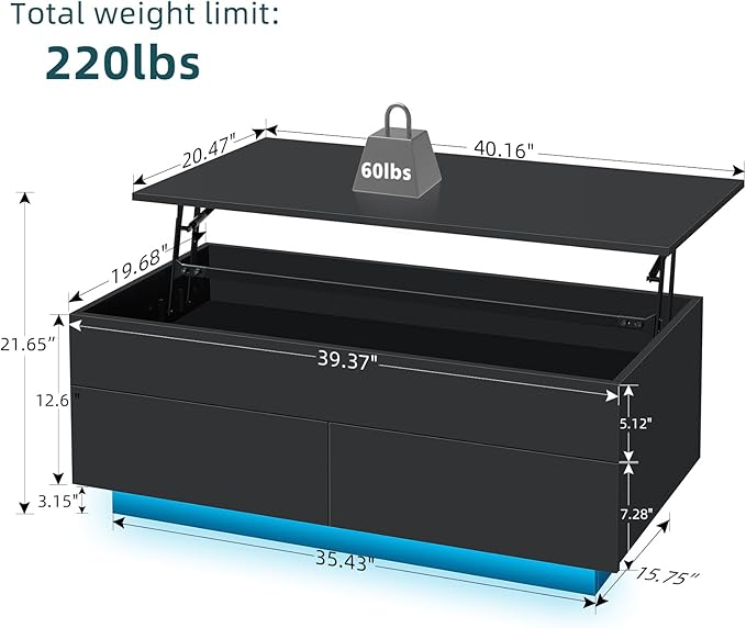 LED Coffee Table with Lift Top Morden Coffee Table with Storage High Gloss Black Sofa Table for Living Room Center Tables Hidden Compartment & 2 Drawers