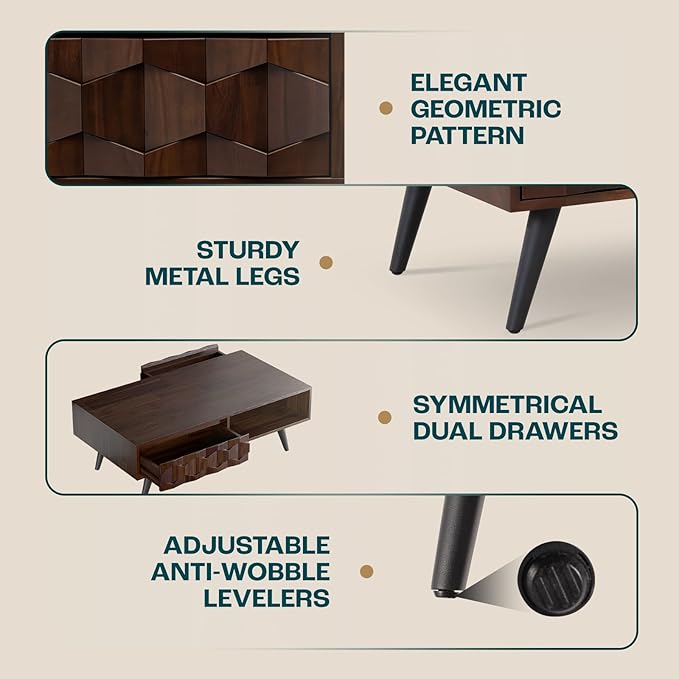 Bme Georgina Solid Wood Coffee Tables for Living Room, Coffee Table Mid Century Modern with 2 Symmetrical Storage Drawers & Geometric Details, Fully Assembled Center Table, Walnut
