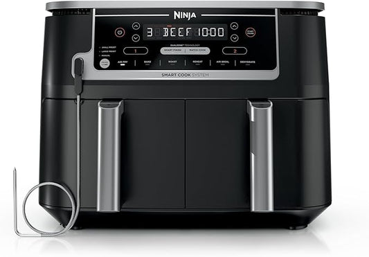 Ninja DZ550 Foodi 10 Quart 6-in-1 DualZone Smart XL Air Fryer with 2 Independent Baskets, Smart Cook Thermometer for Perfect Doneness, Match Cook & Smart Finish to Roast, Dehydrate & More, Grey