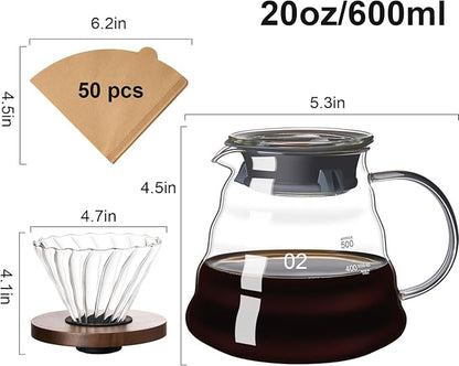 Pour Over Coffee Maker Set 20 OZ, Borosilicate Glass Coffee Server with 50 pcs V60 Paper Filter, Pour Over Coffee Dripper Carafe for Home Cafe Restaurant Camping