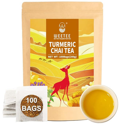 WT WEETEE Turmeric Chai Tea Bags, 2g x 100 Count, Caffeine-Free Turmeric Spiced Chai Tea, Includes Cinnamon, Licorice, Ginger Root, Cardamom, Cloves & More