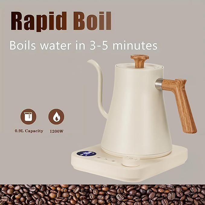 Gooseneck Electric Kettle,Electric Kettles, ±1℉ Temperature Control, Ultra-Quiet 304 Stainless Steel, for Coffee, Tea & Milk, Auto Boil Detection, 8 Safety Protections & Memory Function(white, 0.9L)