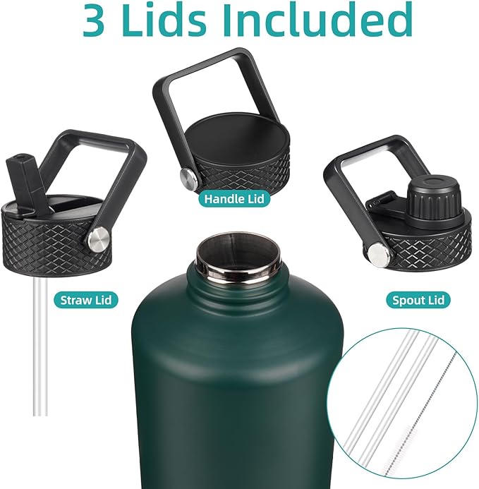 Gallon Insulated Water Bottle with Straw,128 oz 3 Lids Water Jug with Carrying Bag,Paracord Handle, Double Wall Vacuum Stainless Steel Metal Flask,Dark Green