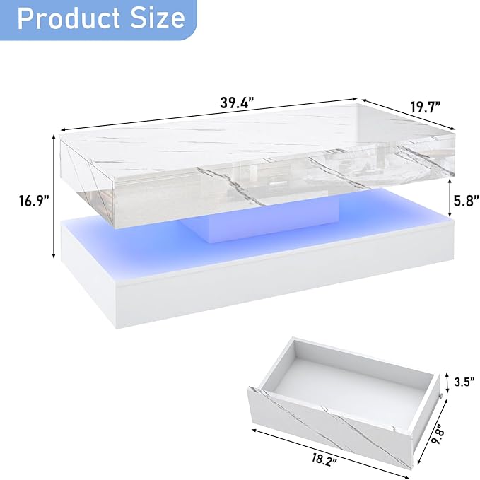 39.4" Large High-Glossy LED Coffee Table with 2 Sliding Drawers, Living Room Storage Coffee Tables with Marbling Print, Modern Stylish Double-Layer Center Tables w/LED Lights, White