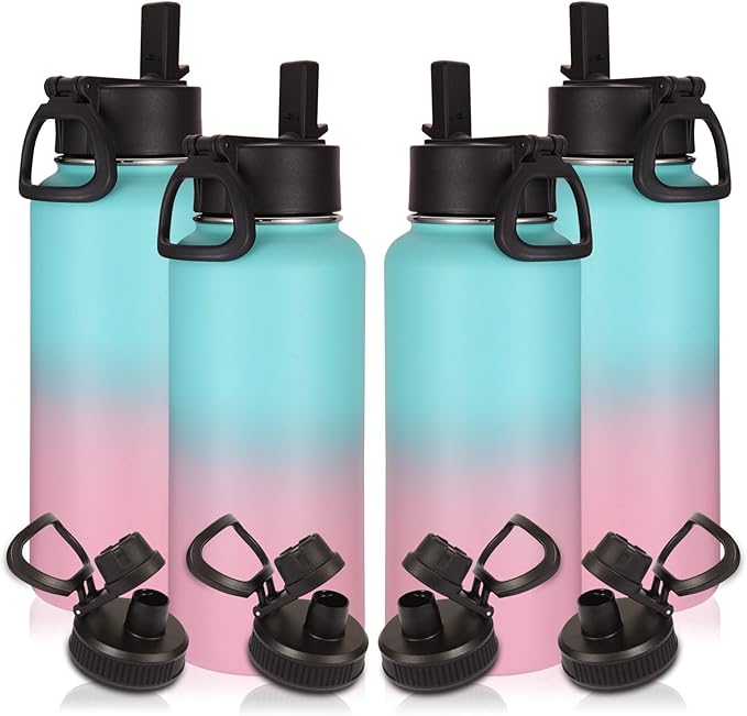 Volhoply 32 oz Insulated Water Bottles Bulk 4 Pack with Straw Lid & Spout Lid,Stainless Steel Sports Water Bottle,Double Wall Vacuum Cups,Leakproof Wide Mouth Metal Flask for Travel(Green Pink,4)