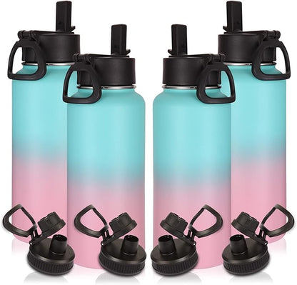 Volhoply 32 oz Insulated Water Bottles Bulk 4 Pack with Straw Lid & Spout Lid,Stainless Steel Sports Water Bottle,Double Wall Vacuum Cups,Leakproof Wide Mouth Metal Flask for Travel(Green Pink,4)
