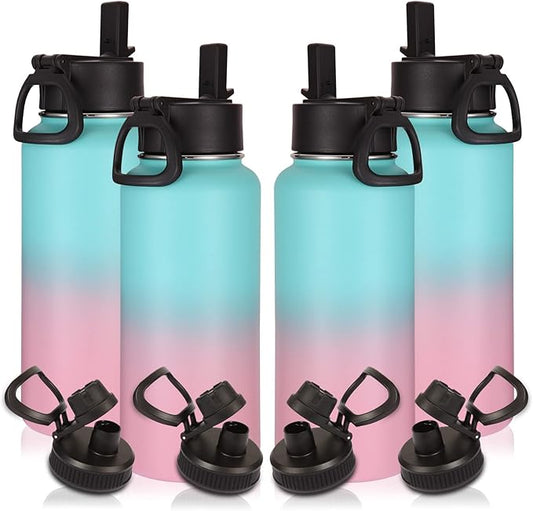 Volhoply 32 oz Insulated Water Bottles Bulk 4 Pack with Straw Lid & Spout Lid,Stainless Steel Sports Water Bottle,Double Wall Vacuum Cups,Leakproof Wide Mouth Metal Flask for Travel(Green Pink,4)