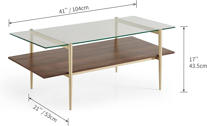 AGV LIGHTING Tadio Glass Coffee Table, Mid-Century Modern Coffee Table for Living Room, Gold Finish Leg, Clear Glass Top & Walnut Brown Wood Shelf, 41 in Length