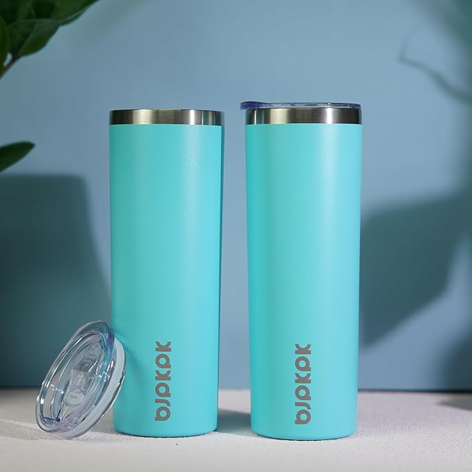BJPKPK 2 Pack 20oz Skinny Tumblers with Lid Insulated Travel Coffee Cup Stainless Steel Thermal Mug,Turquoise,Turquoise