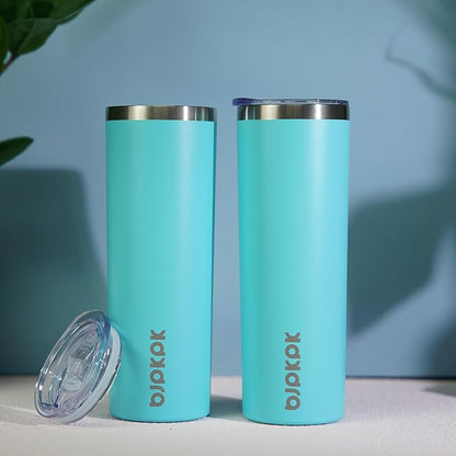 BJPKPK 2 Pack 20oz Skinny Tumblers with Lid Insulated Travel Coffee Cup Stainless Steel Thermal Mug,Turquoise,Turquoise