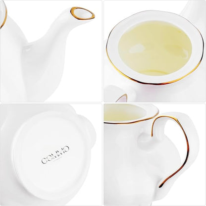 GOMMO Fine Real Bone China Teapot 30oz for Elegant Life Ceramic Tea Kettle (White-Gold)