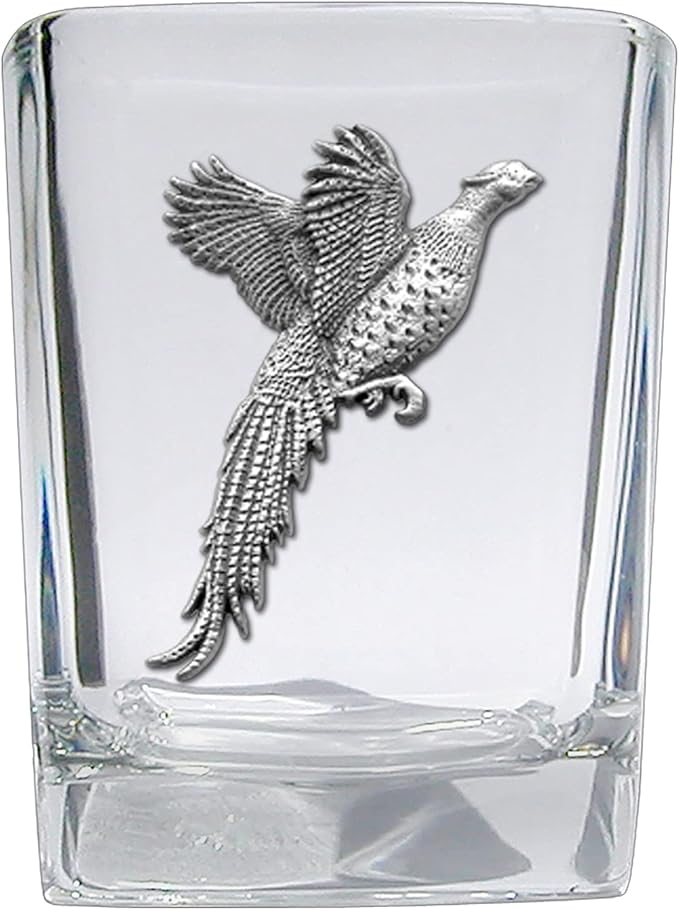 Heritage Pewter Pheasant Square Shot Glass | Hand-Sculpted 1.5 Ounce Shot Glass | Intricately Crafted Metal Pewter Inlay