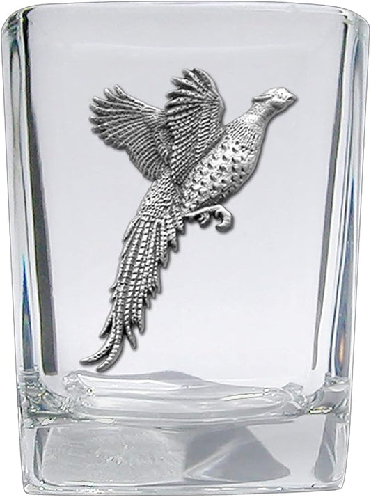 Heritage Pewter Pheasant Square Shot Glass | Hand-Sculpted 1.5 Ounce Shot Glass | Intricately Crafted Metal Pewter Inlay