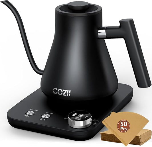 COZII Gooseneck Electric Kettle with ±1°F Temperature Control, 1200W Quick Heating for Pour Over Coffee & Tea, 0.9L Water Boiler with 24H Keep Warm & Auto Shut Off, Stainless Steel Interior, Black