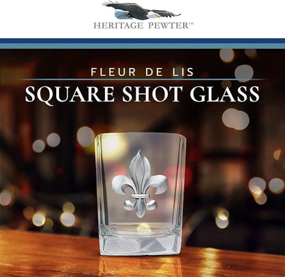 Heritage Pewter Fleur de Lis Square Shot Glass | Hand-Sculpted 1.5 Ounce Shot Glass | Intricately Crafted Metal Pewter Inlay