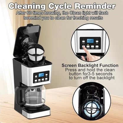 12-Cup Programmable Coffee Maker, Regular & Strong Brew Drip Coffee Machine for Home and Office, Glass Carafe, Pause & Serve, Auto Shut Off, Gray & Stainless Steel (Black)