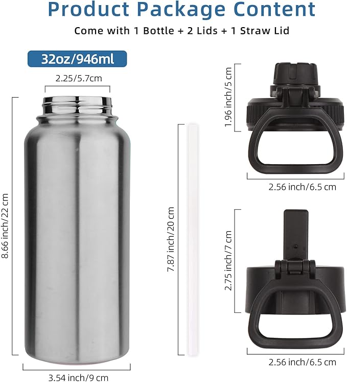 Volhoply 32 oz Water Bottles Bulk 2 Pack with Straw Lid & Spout Lid,Insulated Sports Water Bottle,Double Wall Vacuum Stainless Steel Cups,Leakproof Wide Mouth Metal Flask for Travel(Silver,2)