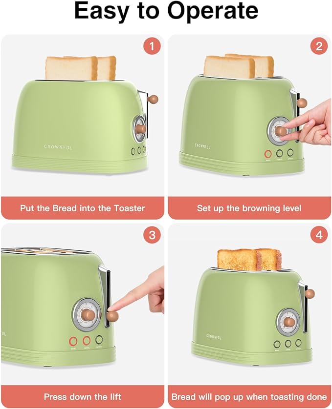 CROWNFUL 2-Slice Toaster, Extra Wide Slots Toaster, Retro Stainless Steel with Bagel, Cancel, Defrost, Reheat Function and 6-Shade Settings, Removal Crumb Tray, Green