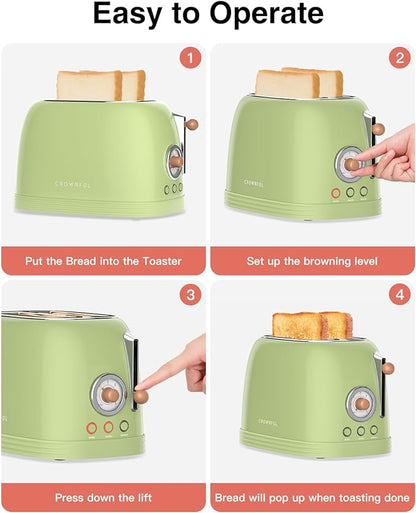 CROWNFUL 2-Slice Toaster, Extra Wide Slots Toaster, Retro Stainless Steel with Bagel, Cancel, Defrost, Reheat Function and 6-Shade Settings, Removal Crumb Tray, Green