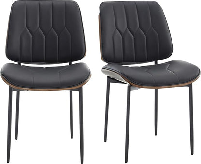 BV Mid Century Modern Dining Chairs Set of 2, Upholstered Pu Leather Accent Chair with Walnut Bentwood Back, Armless Kitchen Chair for Dining Room, Living Room, Kitchen, Black