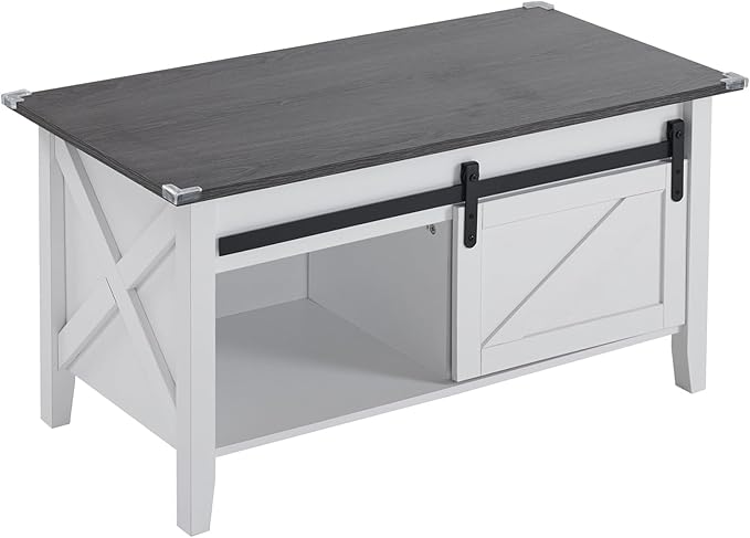VINGLI White Charcoal Lift Top Coffee Table, 36" Small Farmhouse Barn Door Coffee Table with Storage, Rectangular Center Wood Coffe Table with Lifting Top, Living Room Tables with Hidden Compartment