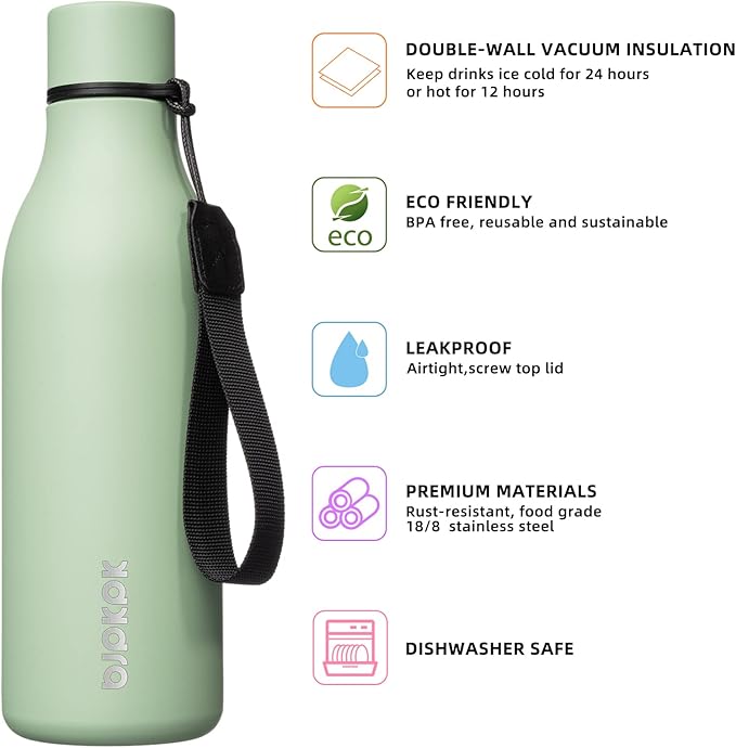 BJPKPK Insulated Water Bottles, 18 oz Stainless Steel Metal Water Bottle with Strap, BPA Free Leak Proof Jugs, Mugs, Flasks, Reusable Thermal Flasks for Sports & Travel, Macaron Green