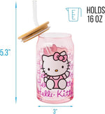 Load image into Gallery viewer, Silver Buffalo Sanrio Hello Kitty Waving Pink Glass Jar Tumbler with Bamboo Lid and Glass Straw, 16 Ounces