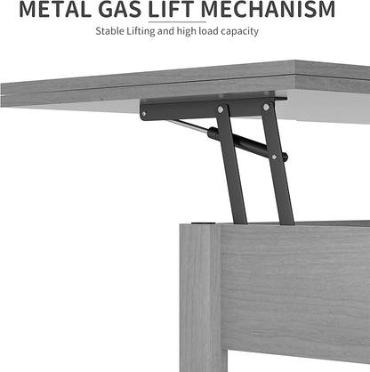 Lift Top Coffee Table with Storage, Grey Lift Top Coffee Table with Drawers&Hidden Compartment, Multi-Functional Center Table, Convertible Coffee Tables into Dining Table for Home Living Room Office