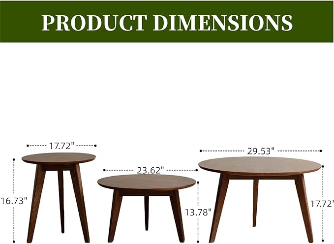 100% Solid Oak Wood Coffee Table Set, Round Coffee Table Combo Side Table w/Solid Wood Legs, Mid Century Table Sturdy Tables for Bedroom Balcony Living Room (Walnut, 3 Pieces)
