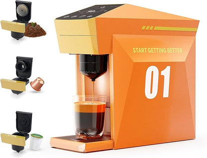 3 in 1 Single Serve Coffee Maker,Fast Brew in 1 minute 19Bar Pump Coffee Machine for K*Cup、NES*press and Ground Coffee,with 27oz Removable Water Reservior, Orange Espresso Coffee Machine
