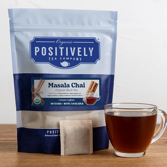 Organic Positively Tea Company, Masala Chai Black Tea Bags, 100 Count, Eco-Friendly Tea Bags, Non-GMO