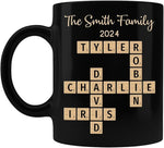 Load image into Gallery viewer, Family Forever Linked Together Custom Names Ceramic Mug, Crossword Puzzle Art, for Birthday, Anniversary or Special Occasions (Family Forever Linked Together Black Mug)
