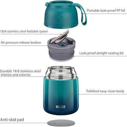 MAXSO 2 Pack Soup Thermo for Hot Food, Vacuum Insulated Food Jar Thermal Lunch Containers for Adults, Travel Food Flask (24 oz,17 oz) (Gradual Blue-green)