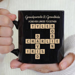 Load image into Gallery viewer, Family Forever Linked Together Custom Names Ceramic Mug, Crossword Puzzle Art, for Birthday, Anniversary or Special Occasions (Grandparents &amp; Grandkids Forever Linked Together Black Mug)