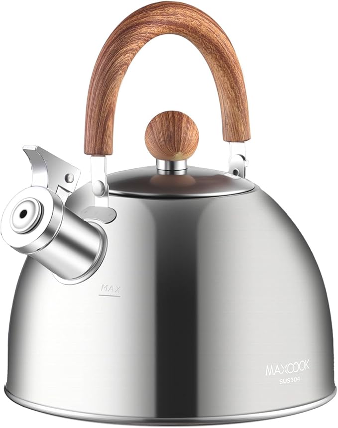 Tea Kettle, 18/8 Stainless Steel Whistling Teapot, 3.17 Quart Camping Tea Kettle for Stovetop, Water Coffee Pot with Anti-Hot Wood Handle (3L,Silver)