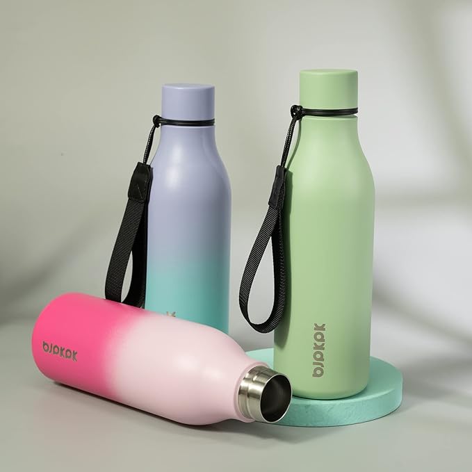 BJPKPK Insulated Water Bottles, 18 oz Stainless Steel Metal Water Bottle with Strap, BPA Free Leak Proof Jugs, Mugs, Flasks, Reusable Thermal Flasks for Sports & Travel, Cherry