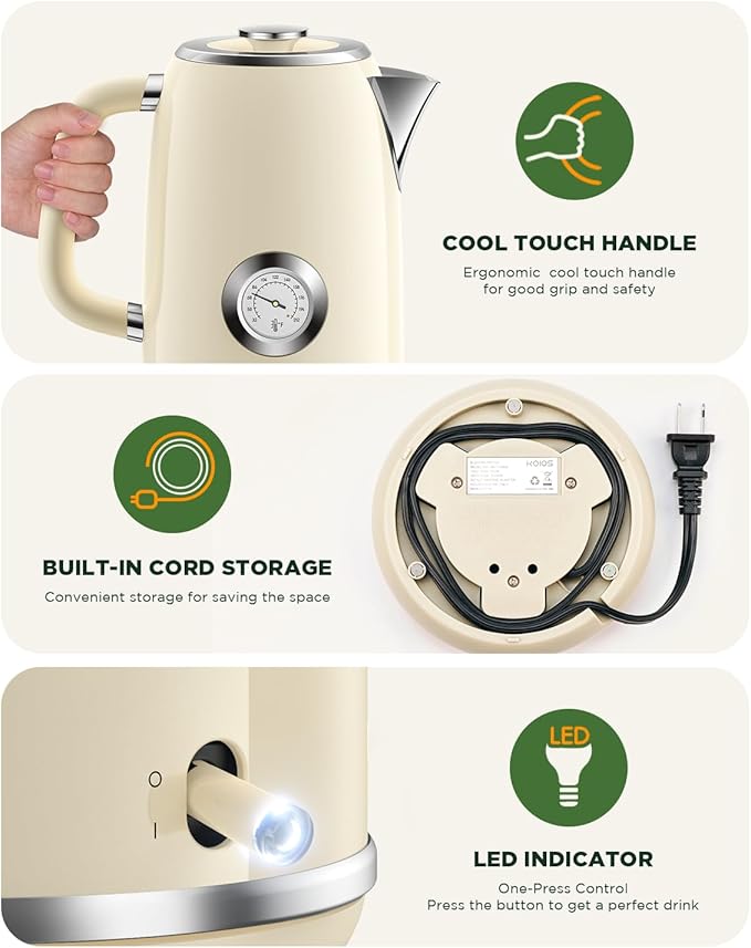 Electric Kettle 1.8L with Temperature Gauge, 1500W Fast Boiling Electric Tea Kettle, 100% Stainless Steel Retro-Style Hot Water Kettle Electric - Glowing LED Light, Auto Shut-Off & Boil-Dry Protection