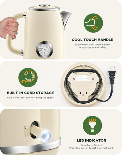 Electric Kettle 1.8L with Temperature Gauge, 1500W Fast Boiling Electric Tea Kettle, 100% Stainless Steel Retro-Style Hot Water Kettle Electric - Glowing LED Light, Auto Shut-Off & Boil-Dry Protection