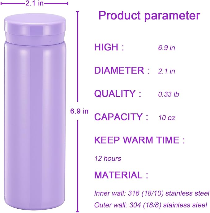 10oz Mini Water Bottle Stainless Steel Thermos Small Flask - Insulated Vacuum, Leak Proof, Keeps Drinks Hot/Cold - Ideal for Coffee, Tea, Water - Purple