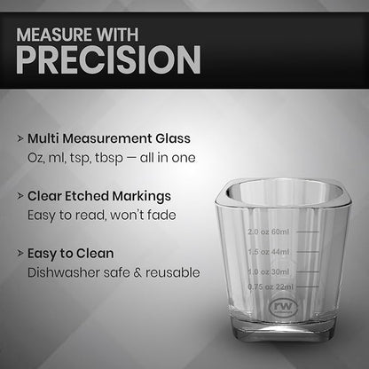 Rattleware 3 Oz Graduated Shot Glass Heavyweight Break-Resistant Glass with White Etched Measurements Oz ML tsp tbsp Durable Espresso Cocktail Measuring Glass for Bar Cart Home Bar Cafe Use