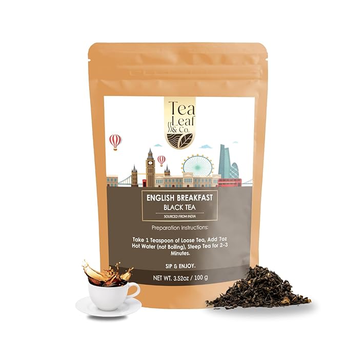 Tealeaf & Co. English Breakfast Black Tea - English Breakfast Tea in Loose Leaf Form - Contains Low Caffeine - Upto 50 Servings - Gluten Free (3.52oz/100gm)