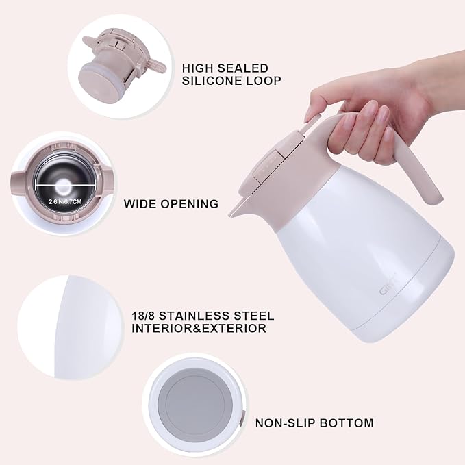 GiNT 1L / 34Oz Thermal Coffee Carafe, Insulated Stainless Steel Coffee Carafes for Keeping Hot/Double Walled Vacuum Thermal Carafe (White)