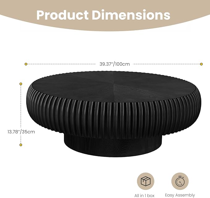 Round Fluted Coffee Table Modern Handcraft Drum Coffee Table with Sturdy Pedestal 39.37" Farmhouse Center Table Tea Table for Living Room, Reception Room, Entertainment Room (Black 39.37")