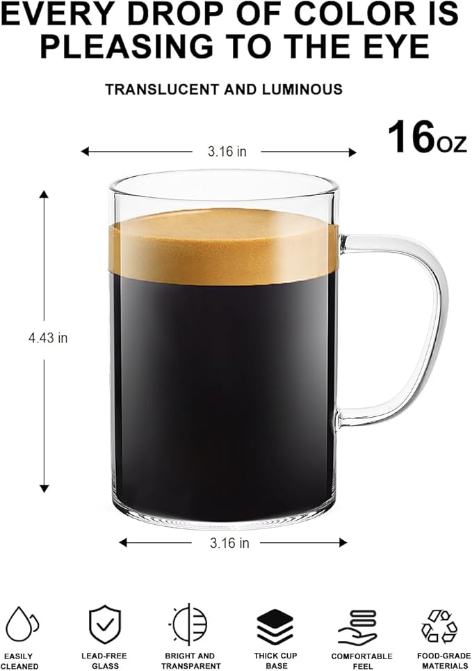 LUXU Glass Coffee Mugs 16 oz,Set of 4 Large Glass Coffee Cups Clear Tea Cups,Iced Coffee Glasses,Lead-Free Drinking Glasses for Water,Cappuccino,Latte,Cereal,Yogurt,Milk-Flat Bottomed Design