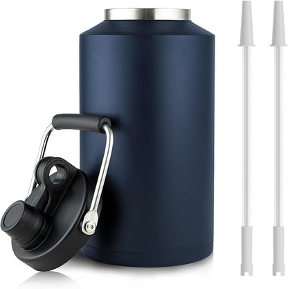 1 Gallon Water Jug Bottle Insulated with Straw, 128oz Stainless Steel Water Bottle Jug Wide Mouth Double Vacuum Dishwasher Safe BPA Free for Hot & Cold Drinks Navy Blue